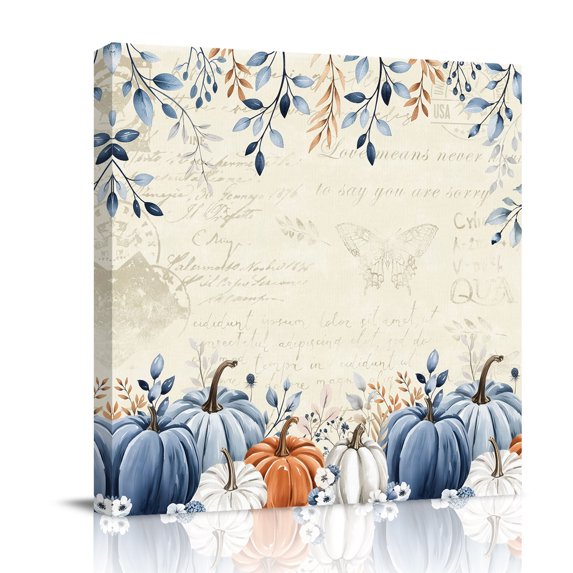 Canvas Wall Art, Autumn Pumpkin Framed Canvas Prints for Living Room Bathroom, Thanksgiving Blue Eucalyptus Leaf Beige Gallery Wrapped Wall Decor for Home Office, Gifts, 12"x12" Ship Next Day