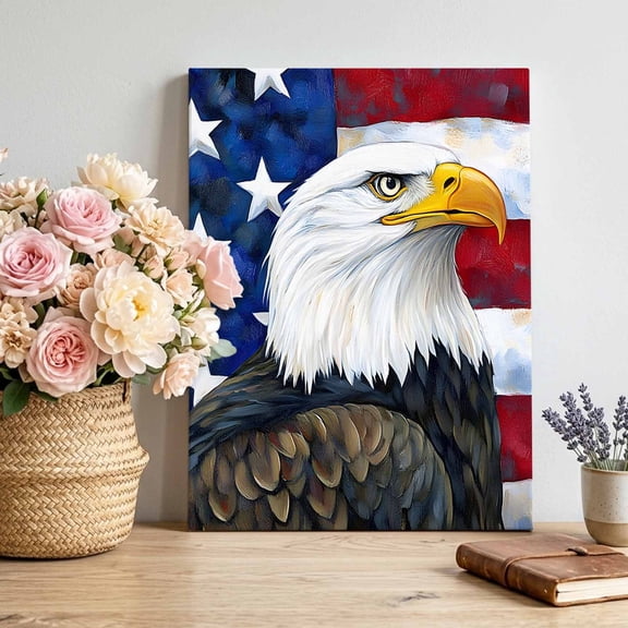 Canvas Wall Art Bald Eagle Canvas Art Print American Flag Pictures Wall Decor for Living Room Bedroom Artwork Decorations Stretched Framed Ready to Hang 16"x20"