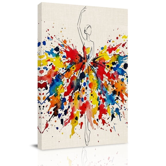 Canvas Wall Art Ballerina Canvas Art Print Colorful Dress Dynamic Splashes Pictures Wall Decor for Living Room Bedroom Artwork Decorations Stretched Framed Ready to Hang 16"x20"