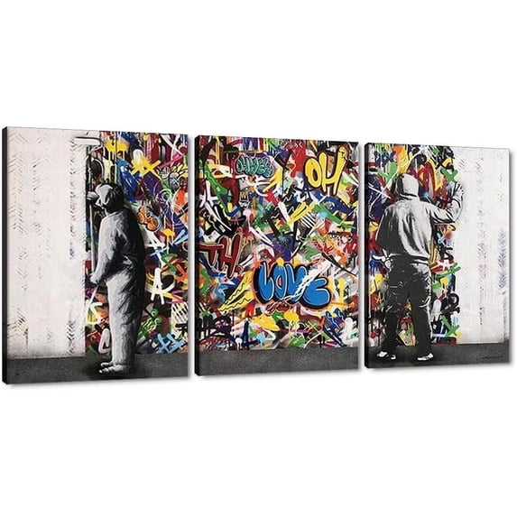 Canvas Wall Art Banksy Graffiti Pictures 3 Panels Modern Abstract Street Pop Art Posters Prints Artwork Home Decorations for Living Room Bedroom Office Framed Ready to Hang - 12"x16"x3pcs