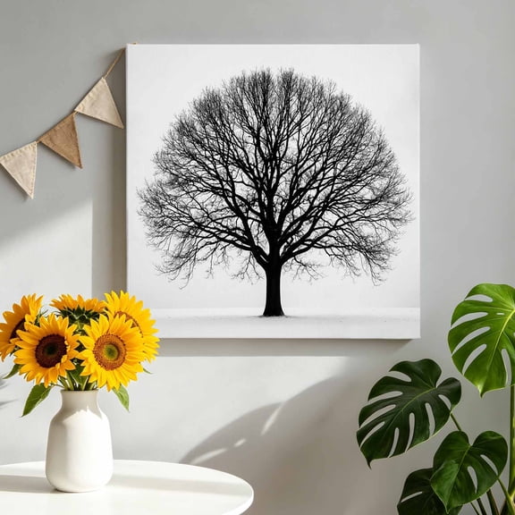 Canvas Wall Art Bare Oak Tree Canvas Art Print Rustic Minimalist Black White Branch Network Pictures Wall Decor for Living Room Bedroom Artwork Decorations Stretched Framed Ready to Hang 8"x8"