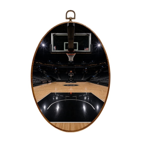 Canvas Wall Art Basketball Court Black White Stadium Lights Empty Seats Wooden Floor Oval Framed Canvas Prints Vintage Wall Hanging Decor for Home Decorations 8.6"x11.4"