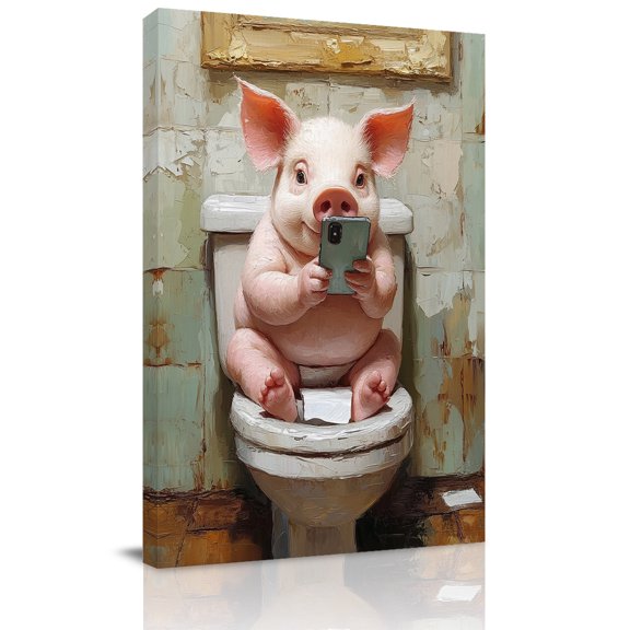 Canvas Wall Art, Bathroom Pig Framed Canvas Prints for Bedroom Living Room, Toilet Animals Vintage Large Gallery Wrapped Wall Decor for Home Office, Gifts, 18"x24" Ship Next Day
