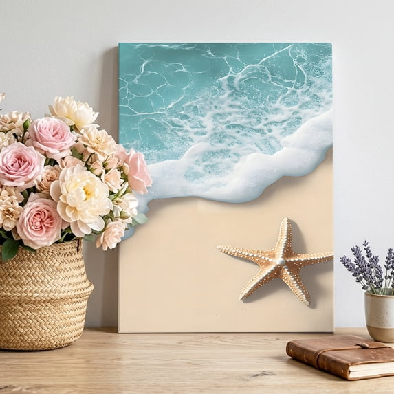 Canvas Wall Art, Beach Coastal Framed Canvas Prints for Living Room Bedroom, Summer Nautical Starfish Aqua Beige Gallery Wrapped Wall Decor for Home Office, Gifts, 12"x16" Ship Next Day