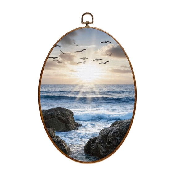 Canvas Wall Art Beach Coastal Modern Landscape Seaside Ocean Waves Rocks Birds Sunset Oval Framed Canvas Prints Vintage Wall Hanging Decor for Bedroom Home Gallery Bathroom 8.6"x11.4"