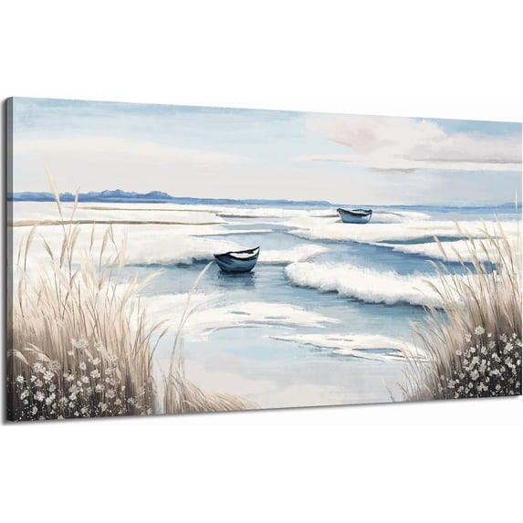 Canvas Wall Art Beach Décor Wall Picture Rustic Coastal Sand Canvas Print Ocean Nautical Painting Seascape Sea Bird Vintage Ship Boat Artwork for Seaside Living Room Bedroom Bathroom Decor Blue Large