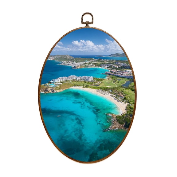Canvas Wall Art Beach Landscape Sea aerial view Mullet Cupecoy Bays St Maarten Caribbean Oval Framed Canvas Prints Vintage Wall Hanging Decor for Home Decorations 8.6"x11.4"