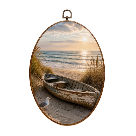 Canvas Wall Art Beach Nautical Boat Ocean Seagull Sea Bird Seashore Blue Wooden Grass Oval Framed Canvas Prints Vintage Wall Hanging Decor for Home Decorations 8.6"x11.4"