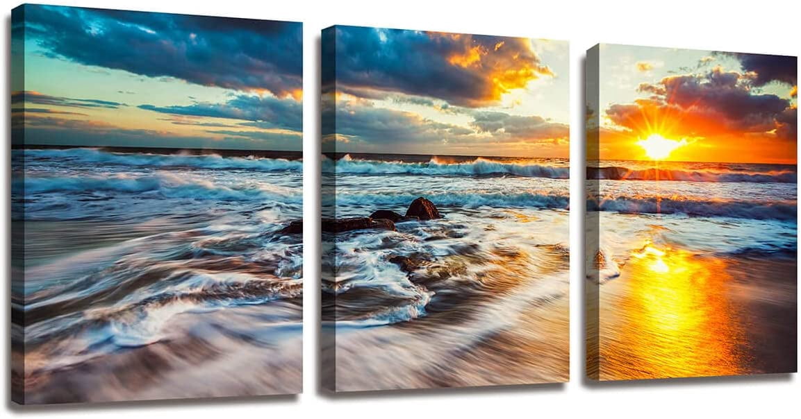Canvas Wall Art Beach Sunset Ocean Waves Nature Pictures HD Prints 3 ...