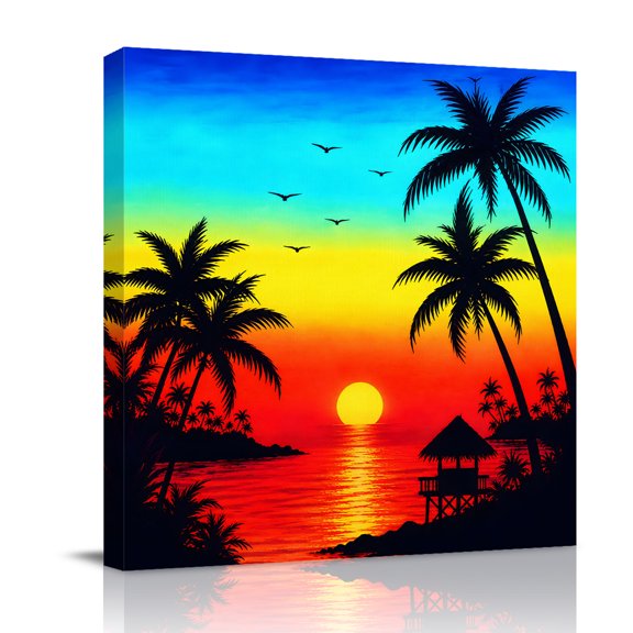 Canvas Wall Art, Beach Sunset Scene Framed Canvas Prints for Bathroom Desk, Tropical Palm Trees Ocean Landscape Small Gallery Wrapped Wall Decor for Home Office, Gifts, 8"x8" Ship Next Day