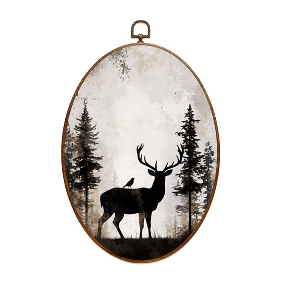 Canvas Wall Art Bear Elk Moose Forest Farmhouse Cabin Lodge Animal Stag Silhouette Oval Framed Canvas Prints Hunting Theme Wall Hanging Decor for Cabin Lodge 8.6"x11.4"