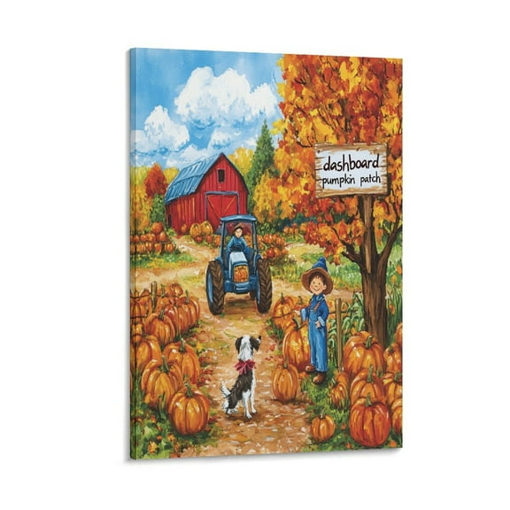 Canvas Wall Art for Bedroom Autumn Farm Scene with Colorful Pumpkins, Fall Leaves Canvas Wall Art Welcome Halloween Thanksgiving Canvas Prints for Bedroom Living Room Office Decor 8x12inch Framed