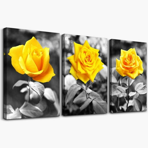 Canvas Wall Art For Bedroom Living Room Bathroom Wall Decor For Kitchen Wall Pictures Artwork Black And White Yellow Rose Flowers Paintings 12" X 16" 3 Pieces Framed Modern Office Home Decorations