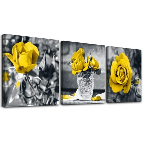Canvas Wall Art For Bedroom Wall Decor For Kitchen Living Room Decor Girls Room Wall Decorations Black And White Wall Pictures Artwork Yellow Rose Flowers Canvas Prints Bathroom Home Decor 3 Piece