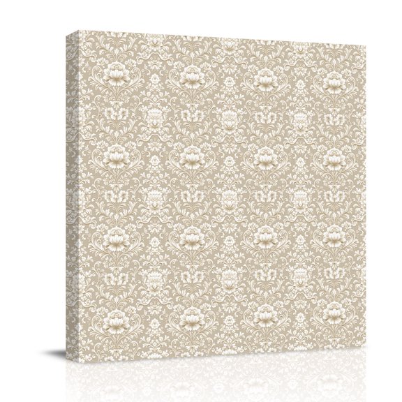 Canvas Wall Art, Beige Damask Framed Canvas Prints for Bathroom Desk, Vintage Country Scroll Floral Patterned Small Gallery Wrapped Wall Decor for Home Office, Gifts, 8"x8" Ship Next Day
