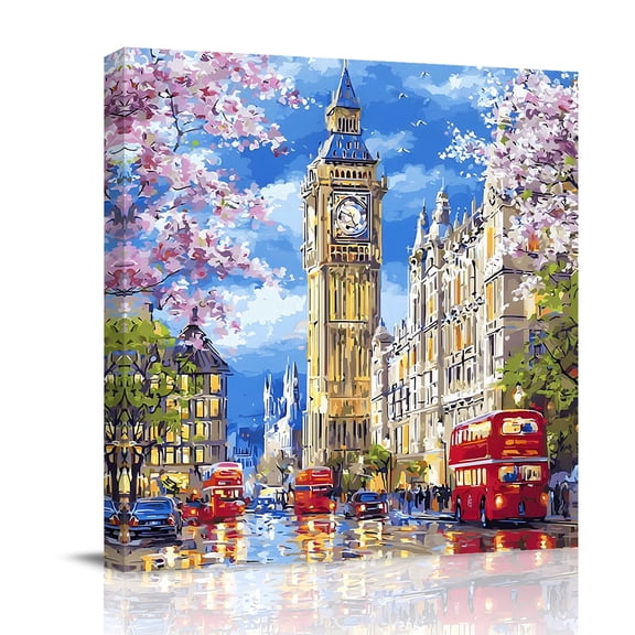 Canvas Wall Art Big Ben Canvas Art Print Spring Cherry Blossoms Red Bus Impressionist Pictures Wall Decor for Living Room Bedroom Artwork Decorations Stretched Framed Ready to Hang 12"x12"