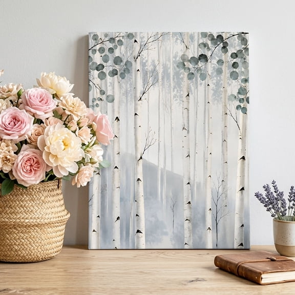Canvas Wall Art Birch Forest Canvas Art Print Winter Birch Tree Trunks Leaf Misty Mountain Pictures Wall Decor for Living Room Bedroom Artwork Decorations Stretched Framed Ready to Hang 16"x24"