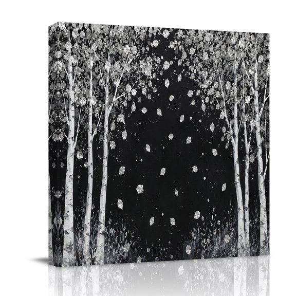 Canvas Wall Art, Birch Forest Framed Canvas Prints for Bathroom Desk, Gray Tree Leaves Branch Black Forest Minimalist Small Gallery Wrapped Wall Decor for Home Office, Gifts, 8"x8" Ship Next Day