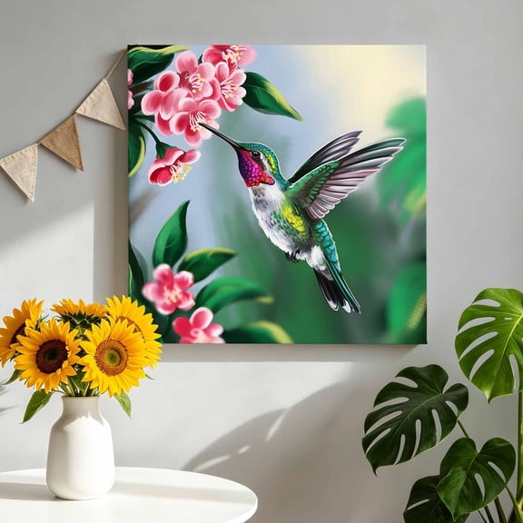 Canvas Wall Art Bird Floral Canvas Art Print Hummingbird Spring Decorative Green Background Pictures Wall Decor for Living Room Bedroom Artwork Decorations Stretched Framed Ready to Hang 10"x10"