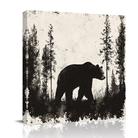 Canvas Wall Art, Black Bear Framed Canvas Prints for Bathroom Desk, Vintage Forest Cabin Animals Silhouette Small Gallery Wrapped Wall Decor for Home Office, Gifts, 8"x8" Ship Next Day