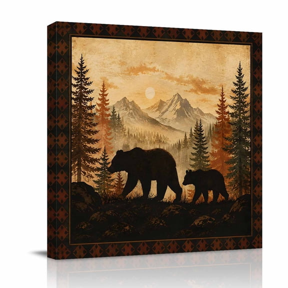 Canvas Wall Art, Black Bear Silhouetted Framed Canvas Prints for Bathroom Desk, Farmhouse Cabin Pine Trees Small Gallery Wrapped Wall Decor for Home Office, Gifts, 8"x8" Ship Next Day
