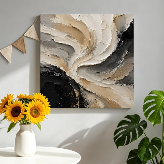Canvas Wall Art Black Beige Waves Canvas Art Print Modern Farmhouse Abstract Minimalist Lines Pictures Wall Decor for Living Room Bedroom Artwork Decorations Stretched Framed Ready to Hang 8"x8"