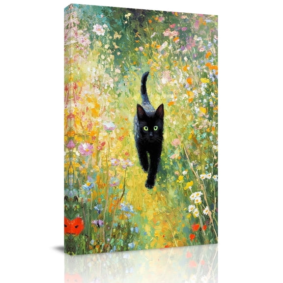 Canvas Wall Art Black Cat Canvas Art Print Colorful Floral Wildflowers Garden Boho Pictures Wall Decor for Living Room Bedroom Artwork Decorations Stretched Framed Ready to Hang 24"x32"