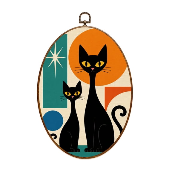 Canvas Wall Art Black Cat Retro Atomic Mid Century Halloween Modern Living Room Decor Oval Framed Canvas Prints Vintage Wall Hanging Decor for Home Decorations 8.6"x11.4"