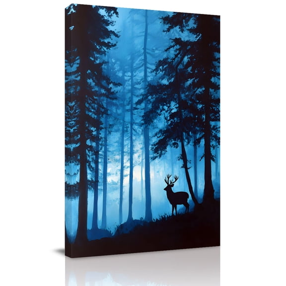 Canvas Wall Art, Black Elk Forest Blue Framed Canvas Prints for Bathroom Hallway, Pine Trees Moonlight Modern Small Gallery Wrapped Wall Decor for Home Office, Gifts, 8"x10" Ship Next Day