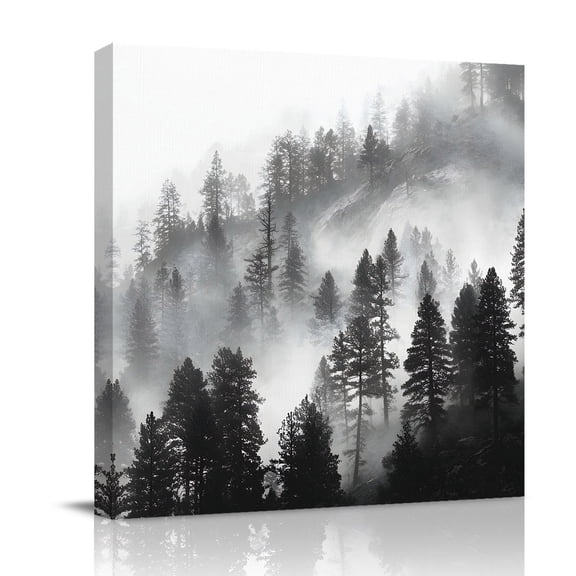 Canvas Wall Art, Black Forest Framed Canvas Prints for Bathroom Desk, Mountain Modern Art Silhouettes Small Gallery Wrapped Wall Decor for Home Office, Gifts, 8"x8" Ship Next Day