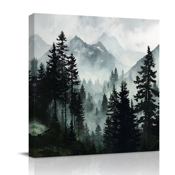Canvas Wall Art, Black Forest Framed Canvas Prints for Bathroom Desk, Nature Foggy Mountain Pine Tree Small Gallery Wrapped Wall Decor for Home Office, Gifts, 8"x8" Ship Next Day