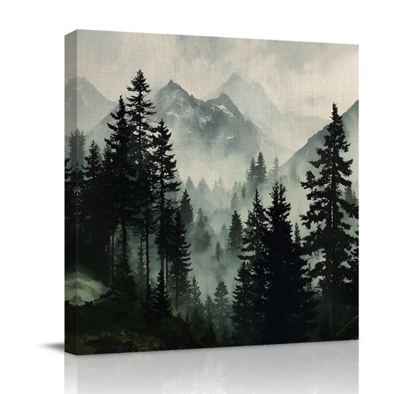 Canvas Wall Art, Black Forest Framed Canvas Prints for Bathroom Desk, Nature Mountain Pine Tree Vintage Small Gallery Wrapped Wall Decor for Home Office, Gifts, 8"x8" Ship Next Day