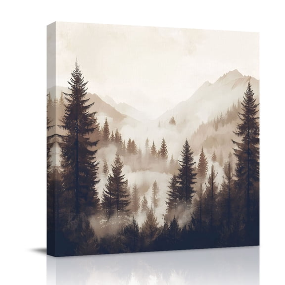 Canvas Wall Art, Black Forest Framed Canvas Prints for Bathroom Desk, Silhouettes Foggy Grey Pine Tree Cabin Small Gallery Wrapped Wall Decor for Home Office, Gifts, 8"x8" Ship Next Day