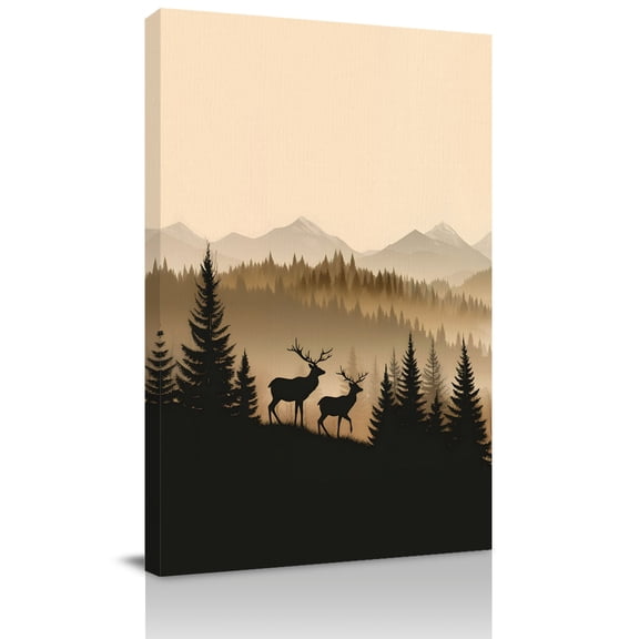 Canvas Wall Art, Black Forest Framed Canvas Prints for Bathroom Hallway, Deer Silhouettes Foggy Grey Pine Tree Small Gallery Wrapped Wall Decor for Home Office, Gifts, 8"x10" Ship Next Day
