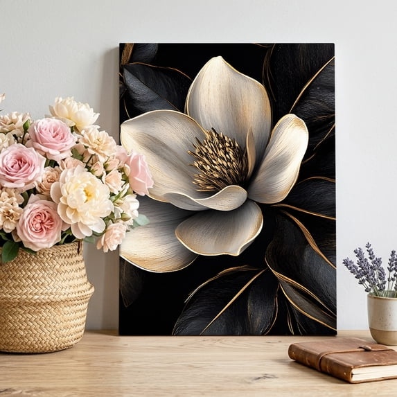 Canvas Wall Art, Black Gold Flower Framed Canvas Prints for Living Room Bedroom, Gradient Luxurious Floral Botanical Large Gallery Wrapped Wall Decor for Home Office, Gifts, 16"x20" Ship Next Day