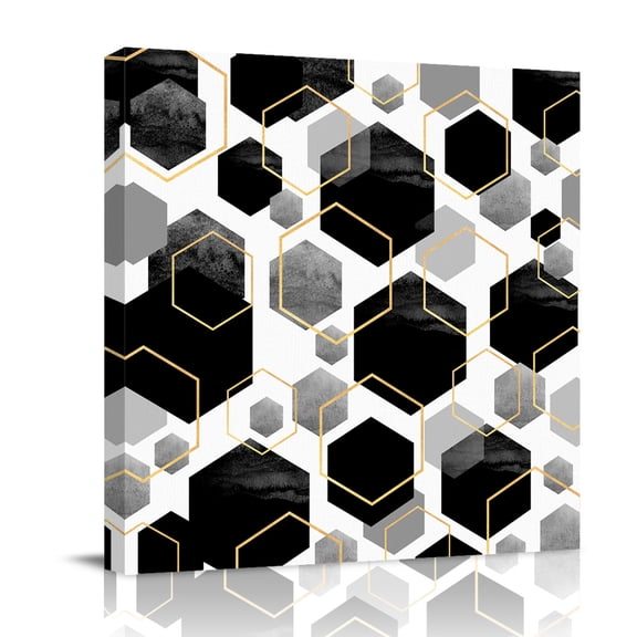 Canvas Wall Art, Black Grey Framed Canvas Prints for Bedroom Office, Geometric Gold White Hexagon Modern Large Gallery Wrapped Wall Decor for Home Office, Gifts, 16"x16" Ship Next Day