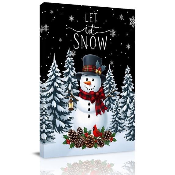 Canvas Wall Art, Black Snowman Christmas Framed Canvas Prints for Kitchen Bedroom, Xmas Pinecone Tree Snowflake Small Gallery Wrapped Wall Decor for Home Office, Gifts, 8"x12" Ship Next Day