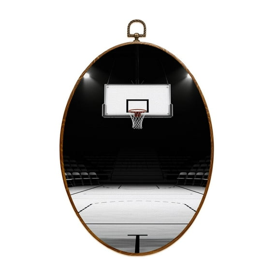 Canvas Wall Art Black White Basketball Court Empty Wooden Floor Spotlights Bleachers Oval Framed Canvas Prints Vintage Wall Hanging Decor for Home Office Decorations 8.6"x11.4"