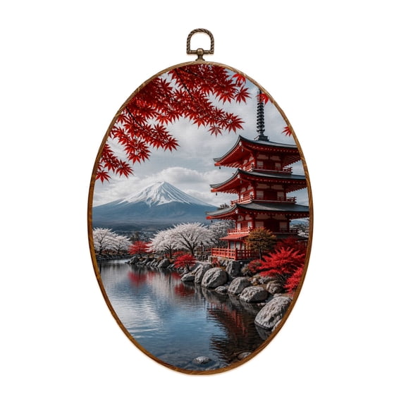 Canvas Wall Art Black White Pop Red Japanese Temple Autumn Fall Landscape Mount Maple Oval Framed Canvas Prints Vintage Wall Hanging Decor for Home Decorations 8.6"x11.4"