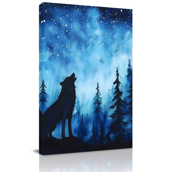 Canvas Wall Art, Black Wolf Night Framed Canvas Prints for Living Room Dining Room, Abstract Forest Silhouette Starry Gallery Wrapped Wall Decor for Home Office, Gifts, 22"x28" Ship Next Day