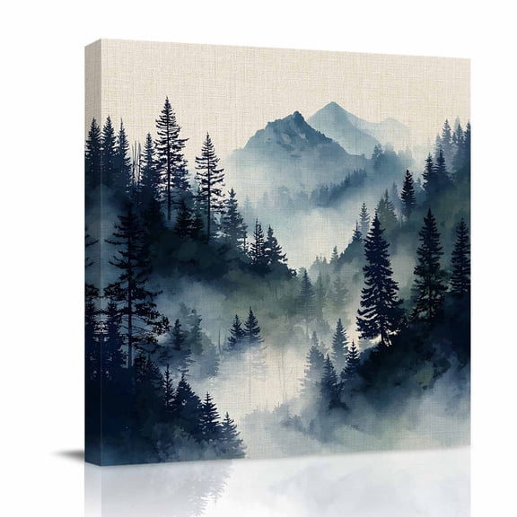 Canvas Wall Art, Blue Black Foggy Forest Framed Canvas Prints for Bathroom Desk, Abstract Art Mountain Small Gallery Wrapped Wall Decor for Home Office, Gifts, 8"x8" Ship Next Day