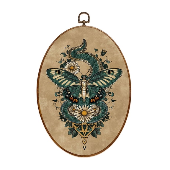 Canvas Wall Art Blue Butterfly Boho Floral Botanical Moon Phase Aesthetic Teal Snake Oval Framed Canvas Prints Vintage Wall Hanging Decor for Home Office Nursery Family Gift 8.6"x11.4"