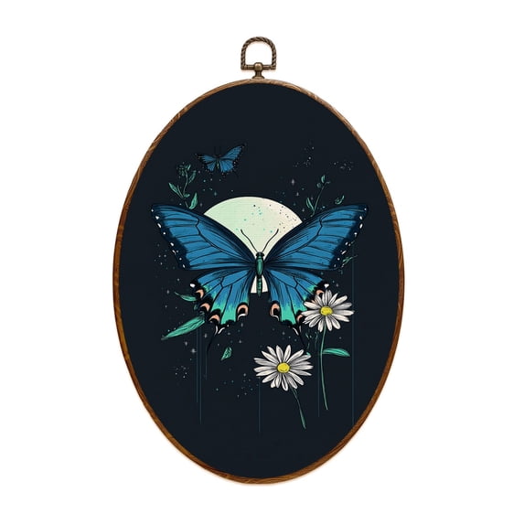 Canvas Wall Art Blue Butterfly Boho Floral Botanical Moon Phase Aesthetic Teal Snakes Oval Framed Canvas Prints Vintage Wall Hanging Decor for Home Office Nursery Family Gift 8.6"x11.4"