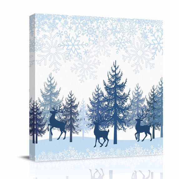 Canvas Wall Art, Blue Christmas Framed Canvas Prints for Bathroom Kitchen, Xmas Pine Tree Elk Snowflakes Gallery Wrapped Wall Decor for Home Office, Gifts, 10"x10" Ship Next Day
