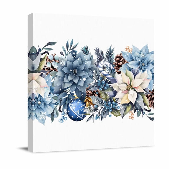 Canvas Wall Art, Blue Christmas Poinsettia Framed Canvas Prints for Bathroom Kitchen, Xmas Botanical Balls Snowflake Gallery Wrapped Wall Decor for Home Office, Gifts, 10"x10" Ship Next Day