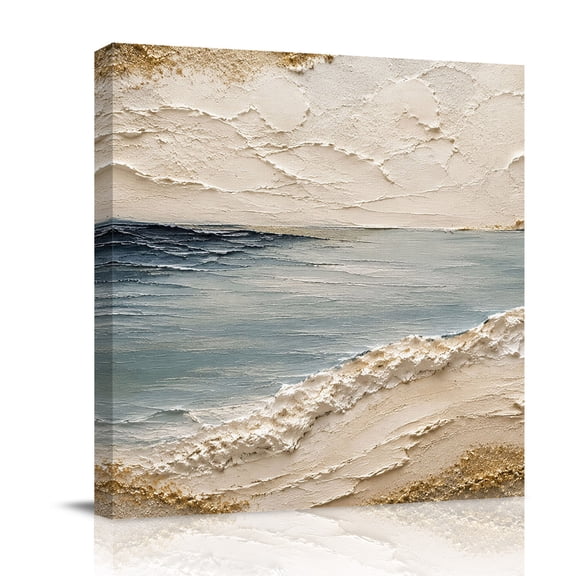 Canvas Wall Art, Blue Coastal Framed Canvas Prints for Bathroom Desk, Abstract Brown Beach Vintage Modern Art Small Gallery Wrapped Wall Decor for Home Office, Gifts, 8"x8" Ship Next Day