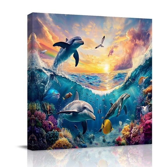 Canvas Wall Art, Blue Coastal Framed Canvas Prints for Bathroom Desk, Dolphin Summer Beach Nautical Ocean Small Gallery Wrapped Wall Decor for Home Office, Gifts, 8"x8" Ship Next Day