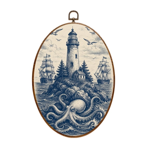 Canvas Wall Art Blue Deep Sea Toile Lighthouse Sailing Ships Octopus Whale Seagulls Oval Framed Canvas Prints Vintage Wall Hanging Decor for Home Decorations 8.6"x11.4"