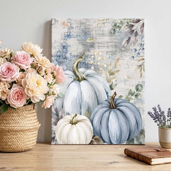 Canvas Wall Art, Blue Fall Pumpkin Framed Canvas Prints for Bedroom Living Room, Autumn Vintage Eucalyptus Thanksgiving Gallery Wrapped Wall Decor for Home Office, Gifts, 12"x18" Ship Next Day