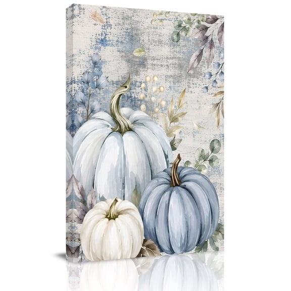Canvas Wall Art, Blue Fall Pumpkin Framed Canvas Prints for Bedroom Living Room, Autumn Vintage Eucalyptus Thanksgiving Large Gallery Wrapped Wall Decor for Home Office, Gifts, 18"x24" Ship Next Day